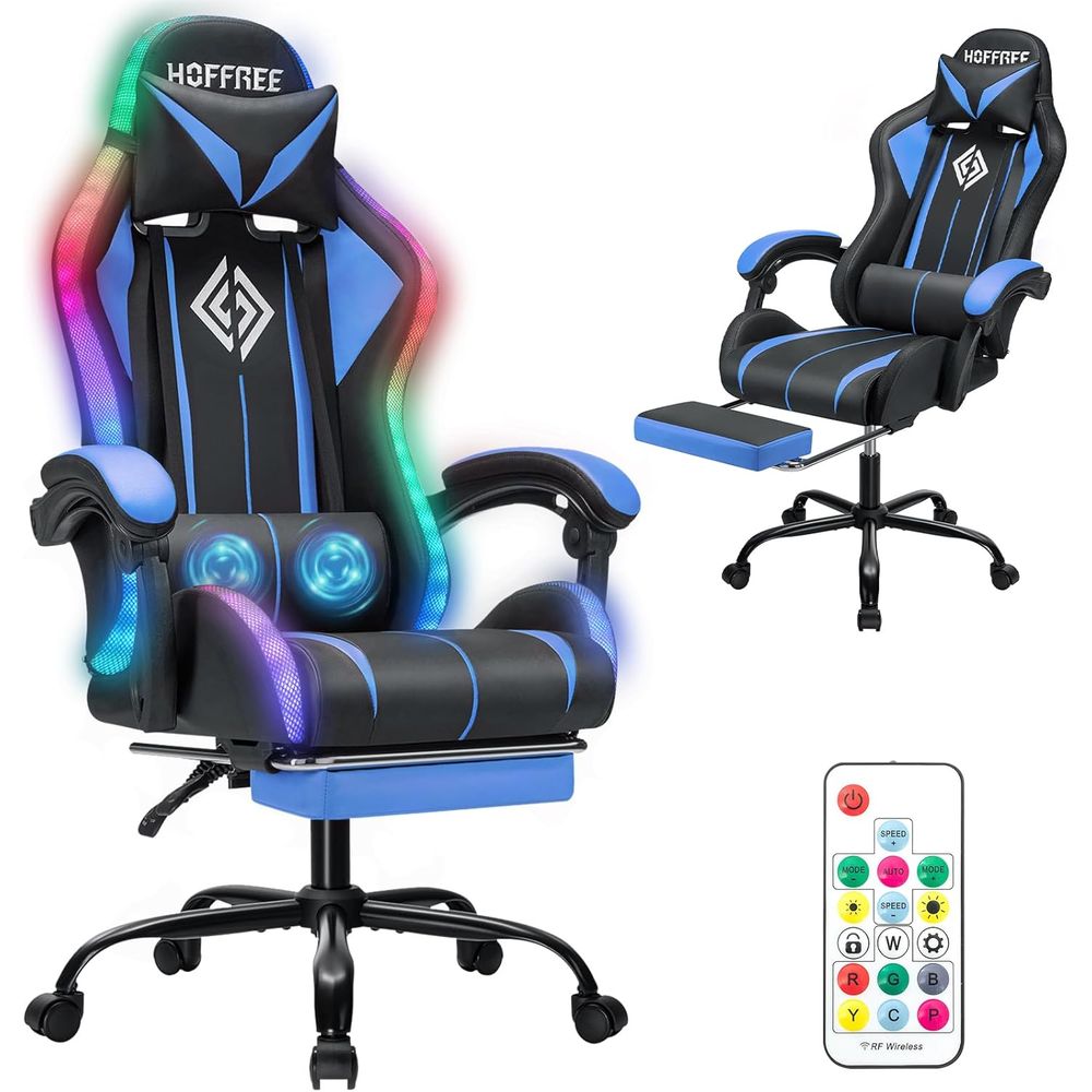 Video Gaming & Esports Usd Acc - เก้าอี้เกมมิ่ง LED พร้อมไฟ RGB นวดตัว เก้าอี้เกมคอมพิวเตอร์-สีน้ำเงิน
